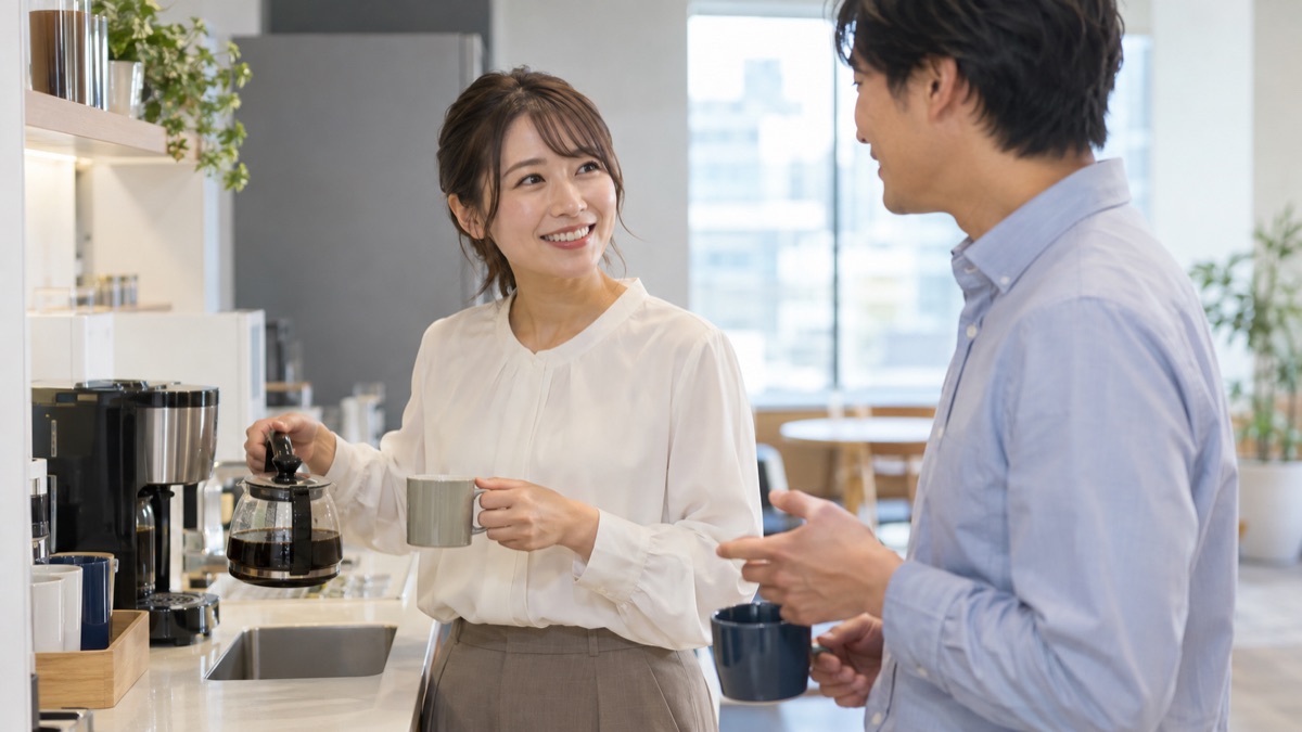 給湯室でコーヒーを入れながら同僚の話に相づちを打つ女性会社員