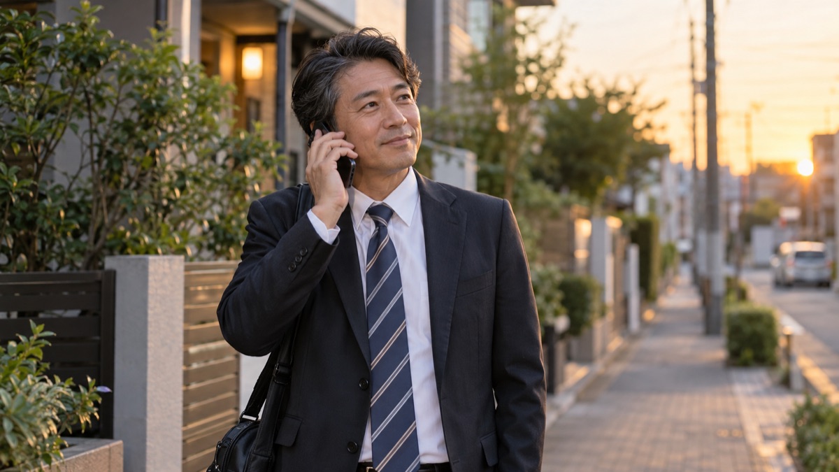 仕事帰りに歩道で家族からの電話を穏やかに聞く男性会社員