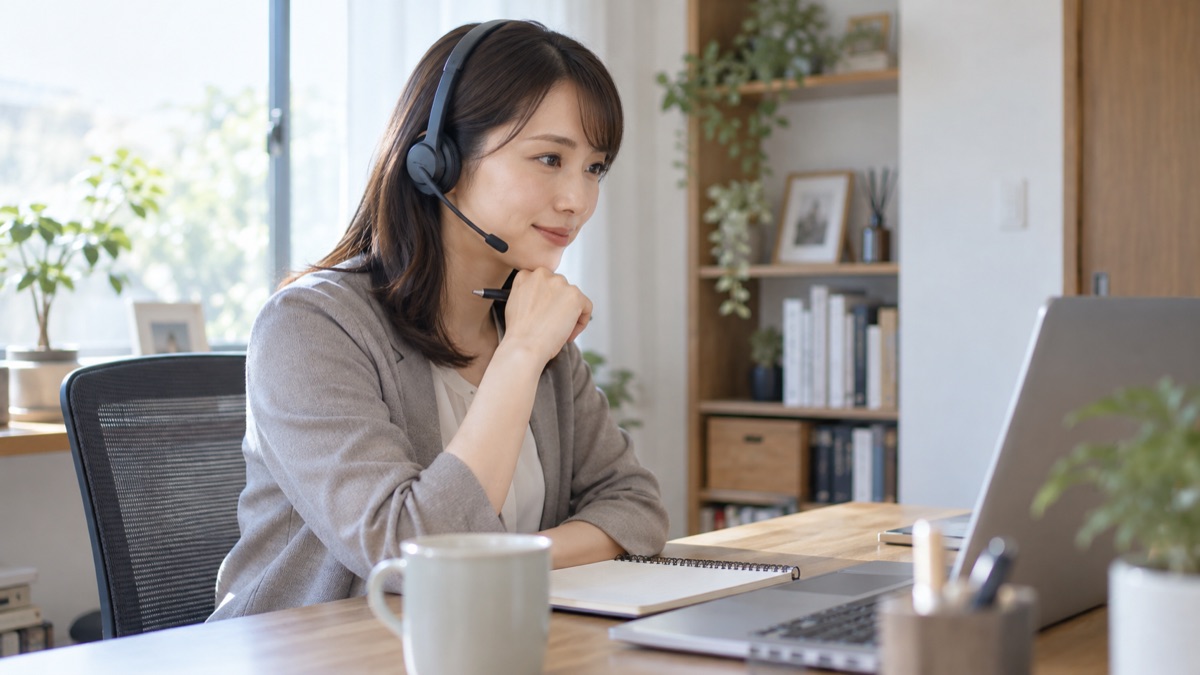自宅からオンライン会議に参加し、相手の話にうなずく女性会社員