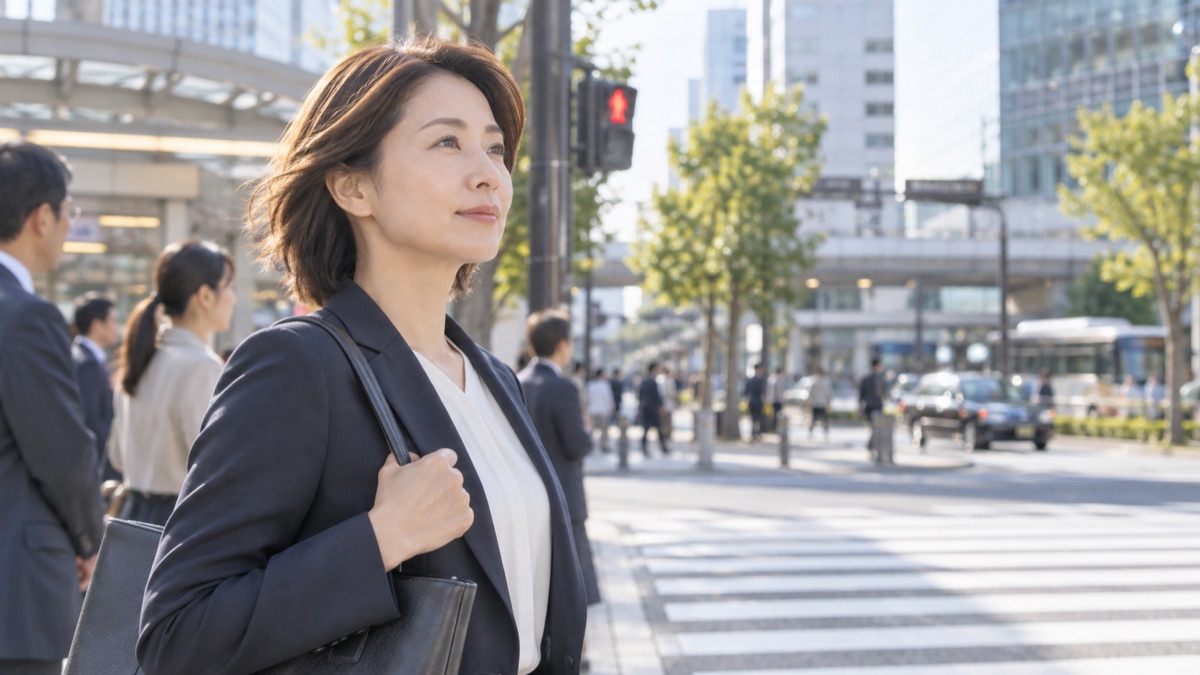 信号待ちの間に落ち着いて前を見る女性会社員