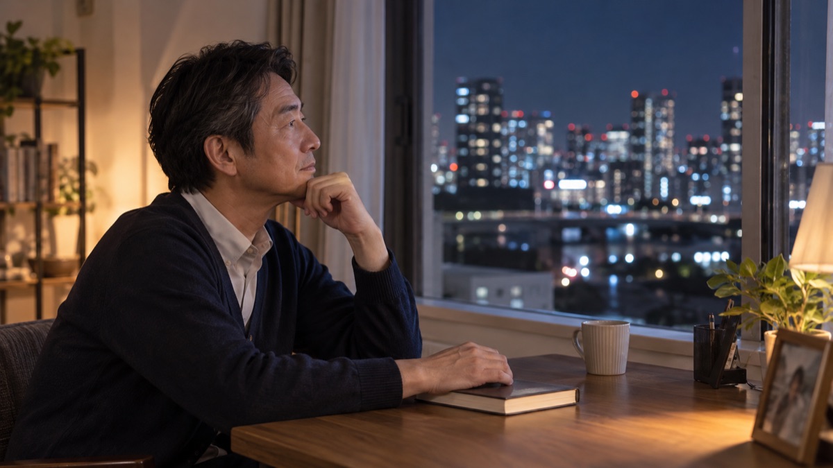 夜の自宅で閉じた本に手を置き、静かに考えごとをする男性
