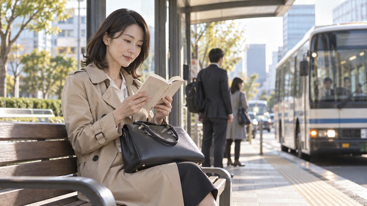 朝のバス停のベンチで本を読む女性会社員