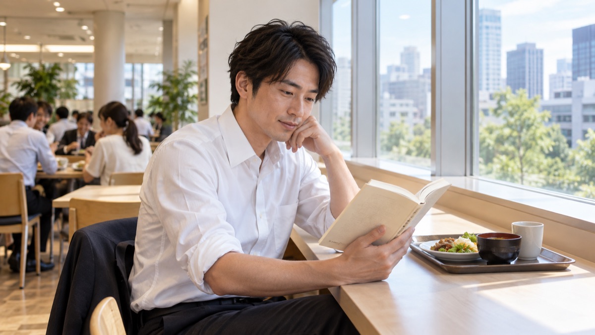 社員食堂の窓際で昼休みに本を読む男性会社員