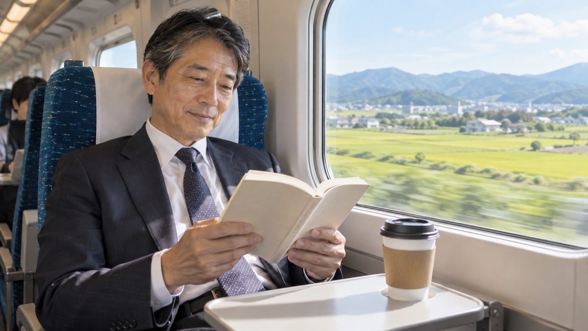 新幹線の窓側の席で新書を読む男性会社員