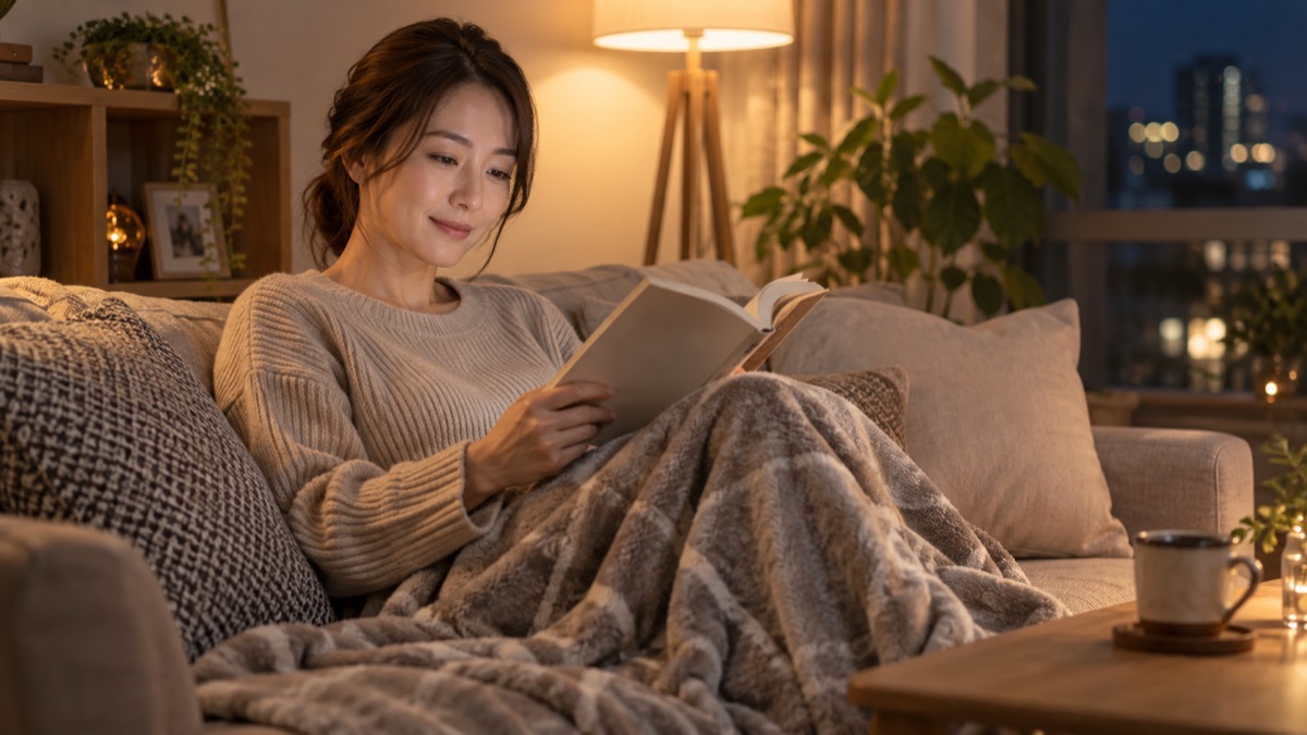 夜の自宅のソファで、ひざ掛けをかけて本を読む女性