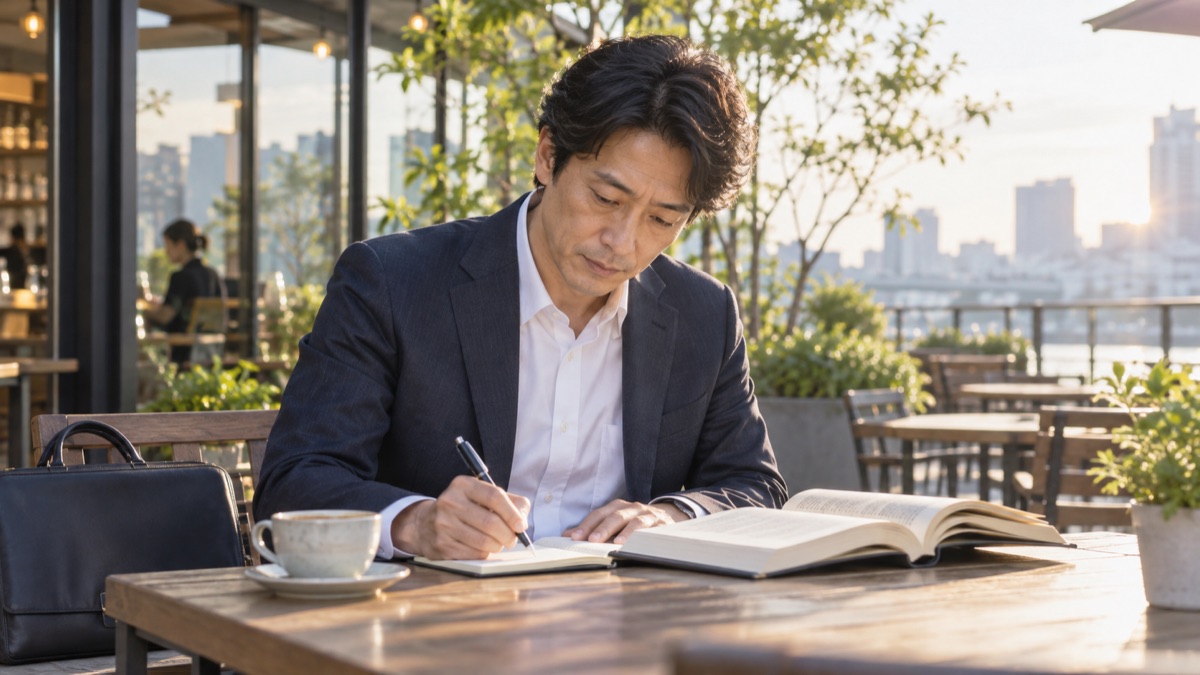 朝のカフェのテラス席で本を開き、ノートにメモを取る男性会社員