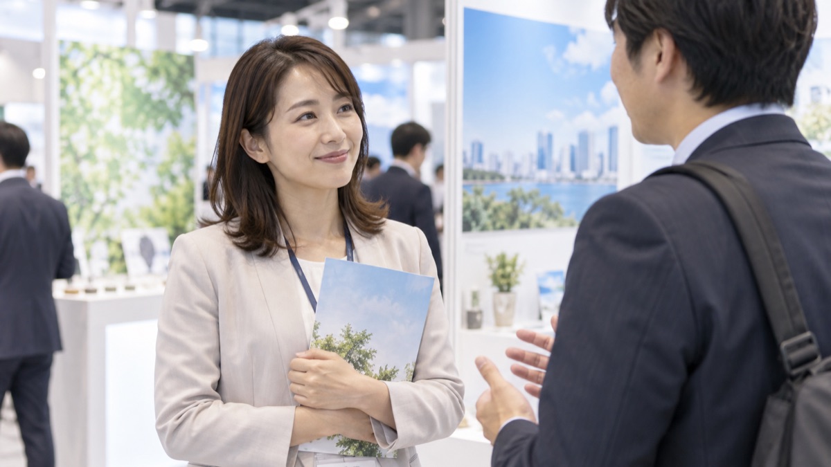 展示会のブースで来場者の話に立ったままうなずく女性社員