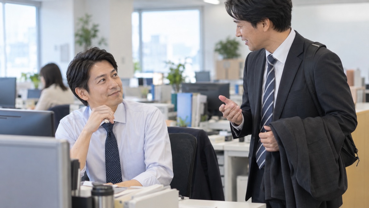 出社してきた同僚の話に自席の横でうなずく男性会社員
