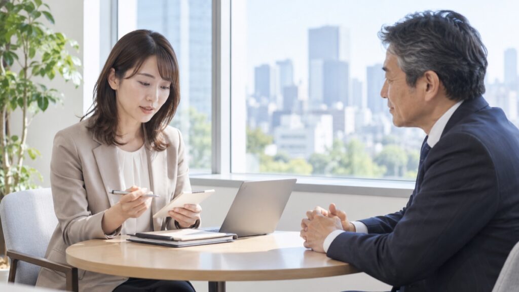 明るいオフィスの窓際で、手元の小さなメモを見ながら向かいの上司に落ち着いて話す女性