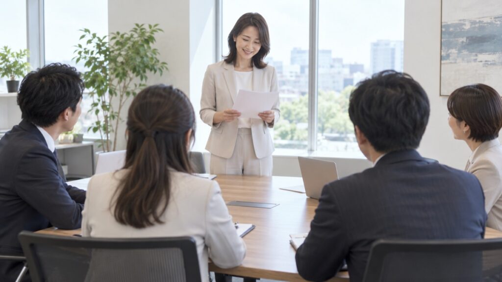 会議室で手元の紙に目を落としてから会議を始めようとする女性の司会者