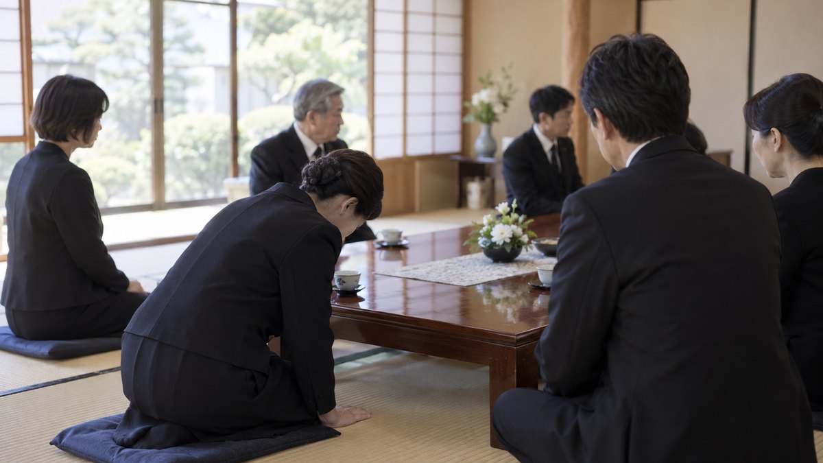 法要を終えた座敷で、喪服の施主の女性が座卓を囲む親族に向かって静かに頭を下げて挨拶している