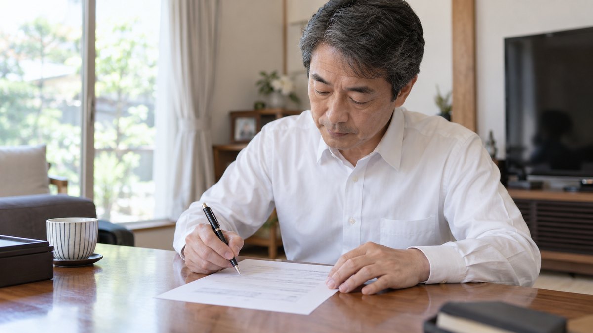 朝、自宅の居間の座卓で、白いシャツの50代の男性が、法事の当日の流れを書いたA4の紙に、ボールペンで4か所だけ小さな丸印をつけている手元。紙の文字はぼけて読めない