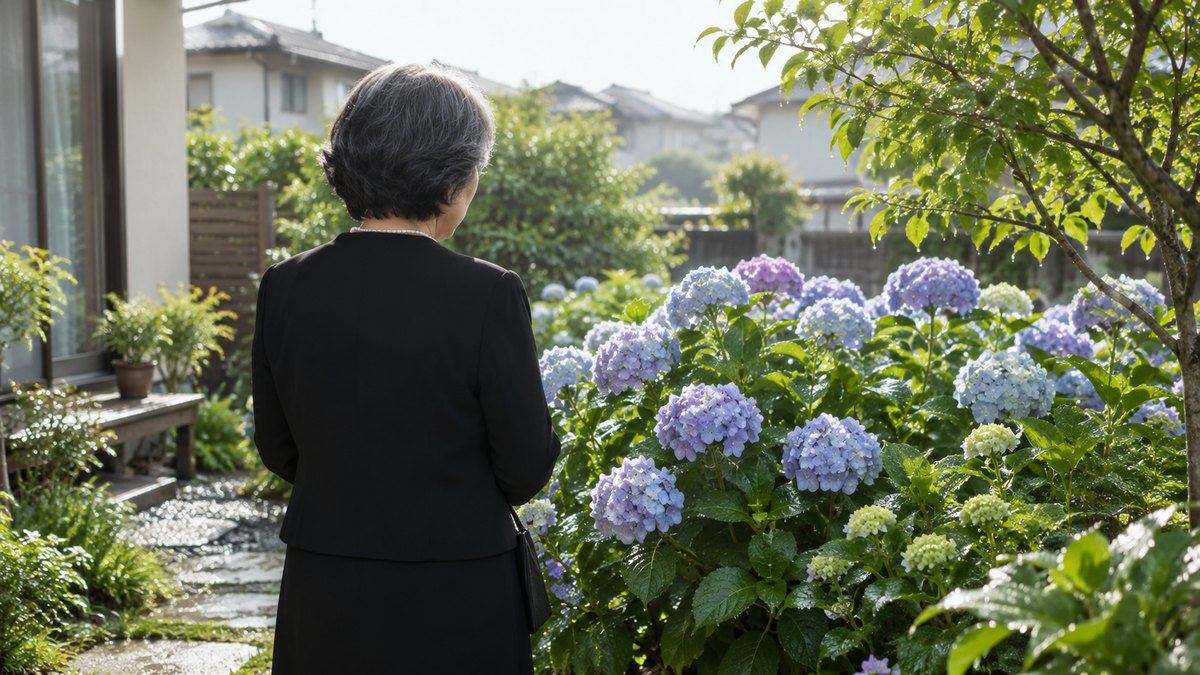 初夏の朝、住宅街の一軒家の小さな庭で、喪服の60代の女性が、雨上がりの紫陽花の前に立ち止まり、静かに花を見つめている後ろ姿。文字は無い