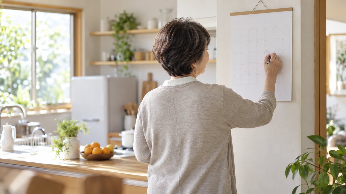 朝、自宅の明るい台所で、カーディガン姿の60代の女性が、壁に掛けた無地のカレンダーの一つの日付に、ペンで小さく丸をつけている後ろ姿。カレンダーの数字や文字は読めない