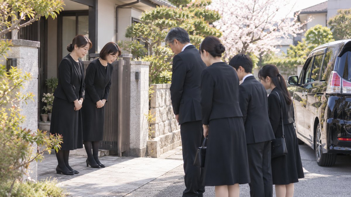 春の昼、住宅街の実家の門の前で、喪服の40代の姉妹が、遠くから車で来た親戚の家族4人を出迎え、互いに軽く頭を下げ合っている。顔は小さく写る。表札や車の文字は読めない