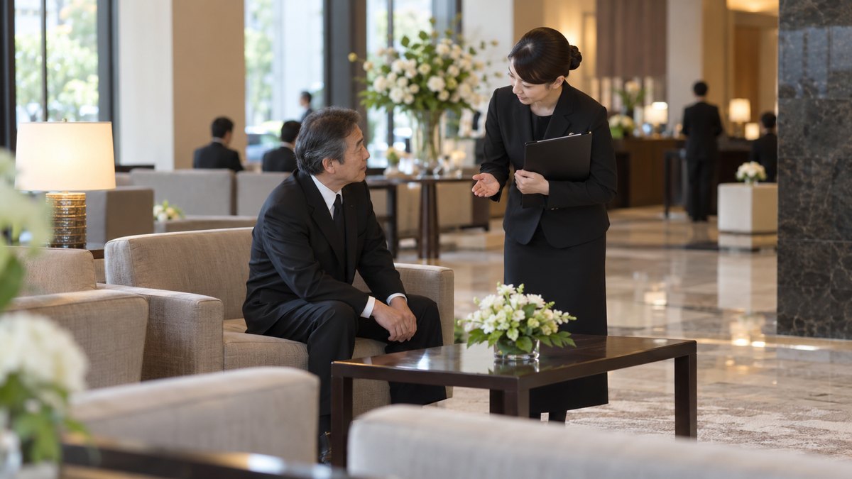 昼、ホテルのロビーのソファで、喪服の50代の男性が浅く腰かけ、黒いスーツの宴会係の女性から料理を出す時間の説明を受けて、うなずいている。顔は小さく写る。文字や案内板は読めない