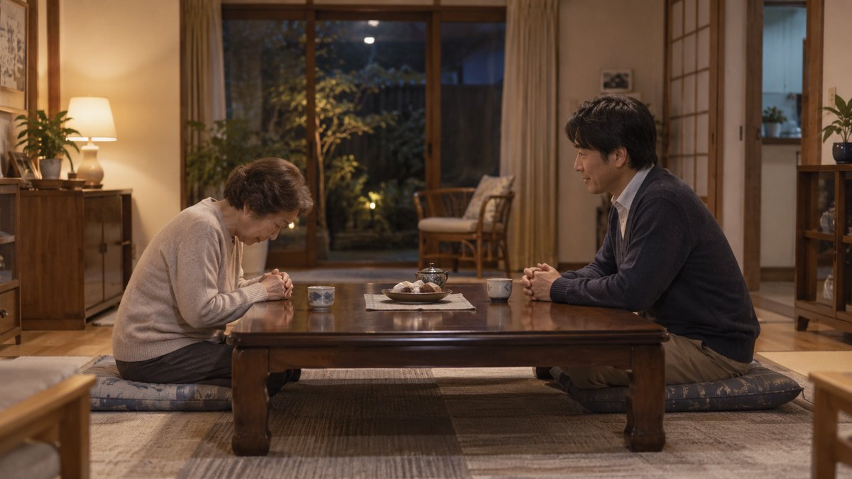 夜、実家の居間で、70代の母親と40代の長男が座卓をはさんで向かい合い、母親が小さく頭を下げて何かを頼み、長男がうなずいている。顔は小さく写る。部屋に遺影・仏壇・写真立ては無い