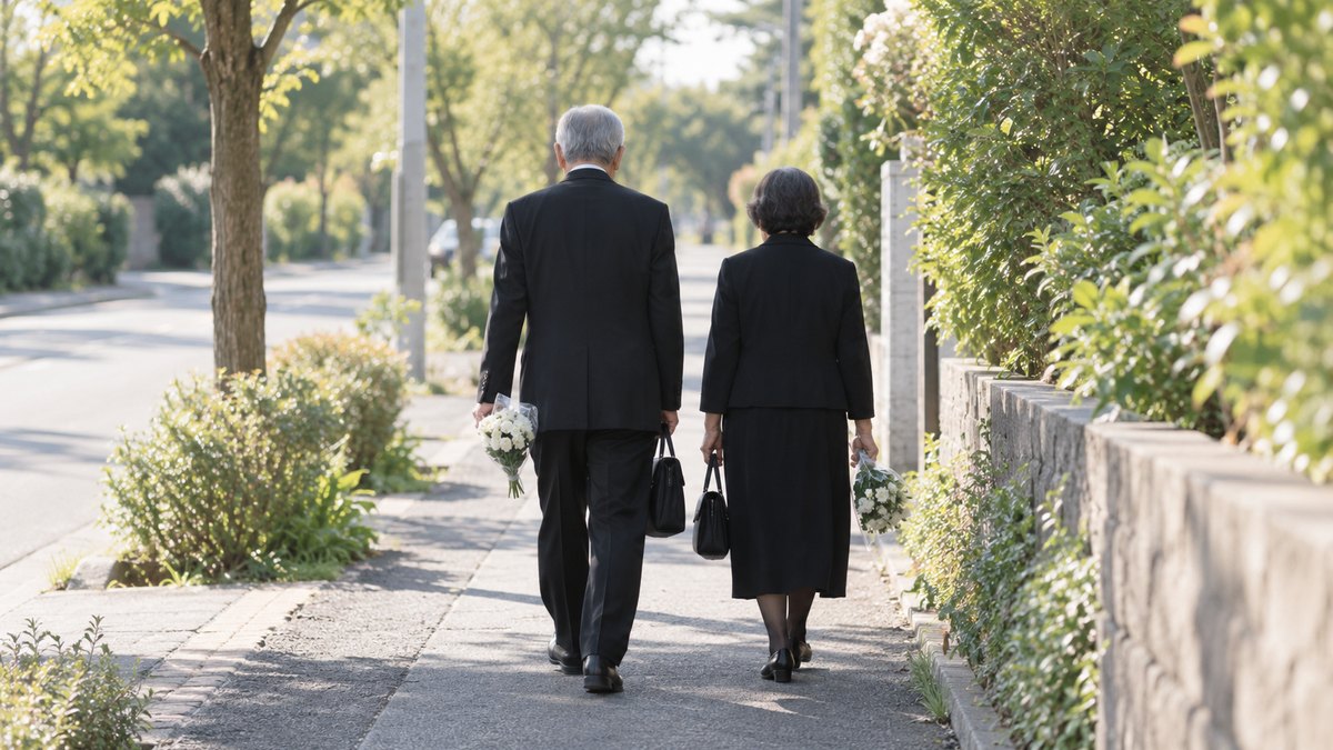朝、住宅街の歩道で、喪服の60代の夫婦が、白い菊の小さな花束と黒いかばんを持ち、並んでゆっくり歩いていく後ろ姿。家・玄関・門は写らない。看板や電柱の文字は読めない