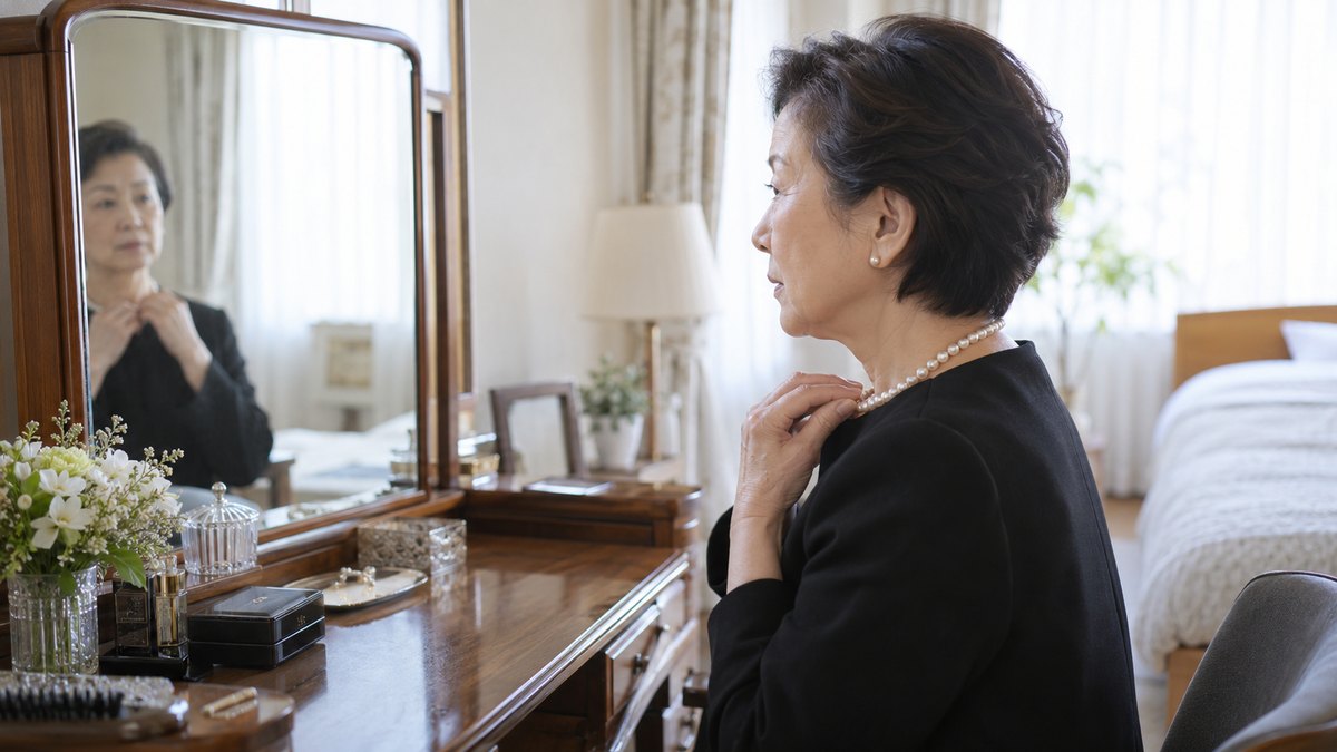 朝、自宅の寝室の鏡台の前で、喪服の60代の女性が真珠のネックレスを留めながら、小さく口を動かしている横顔。鏡には顔が小さく映る。文字は無い