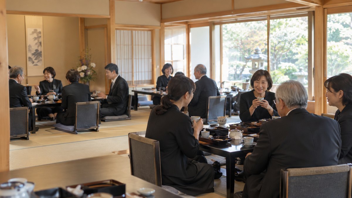 昼、法事の会食が終わりかけた明るい和食処の広間で、普段着に近い黒い服の親族たちが座卓のあちこちで小さく笑い合い、湯のみを手に話している遠景。顔は小さく写る。文字は無い