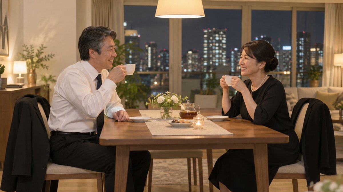 夜、マンションの明るいダイニングで、喪服の上着を椅子に掛けた50代の夫婦がテーブルをはさんで座り、紅茶のカップを手に、ほっとした顔で笑い合っている。顔は小さく写る。文字は無い