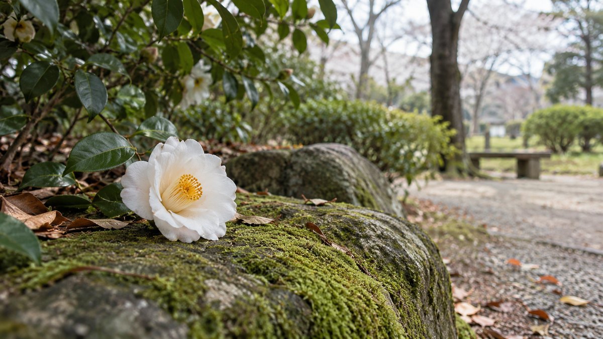 曇りの昼、町の小さな公園の植え込みで、苔むした石の上に白い椿の花が一輪落ちている。人は写らない。文字は無い