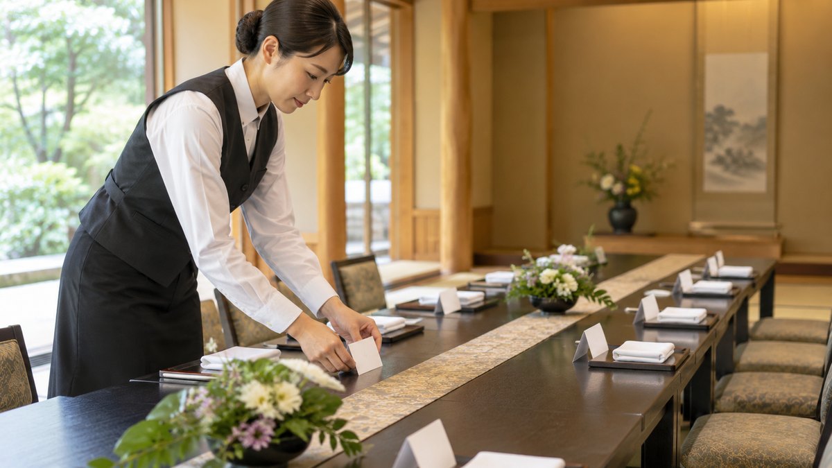 昼、ホテルの和室の宴会場で、黒いベストの女性スタッフが、長い座卓に白い紙の席札を一枚ずつ静かに並べている手元と横顔。席札の文字は読めない。客は写らない