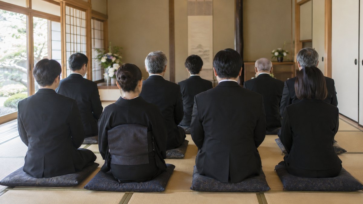昼、自宅の広い座敷で、喪服の親族8人ほどが座布団に正座し、前を向いて静かに読経を待っている後ろ姿。祭壇・仏壇・遺影・僧侶は写らない。文字は無い