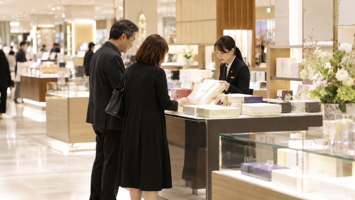 昼、百貨店のギフト売り場のカウンターで、黒っぽい服の40代の夫婦が、店員の女性と一緒に、包装された箱の見本を見比べている。顔は小さく写る。商品や値札の文字は読めない