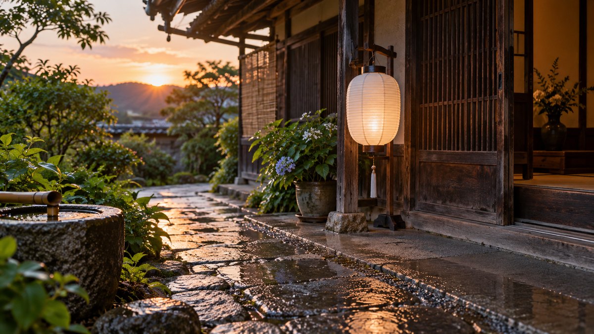 夏の夕方、古い家の玄関先の軒下に、白い盆提灯が一つだけ灯っていて、打ち水をした石畳がぬれて光っている。人は写らない。文字は無い