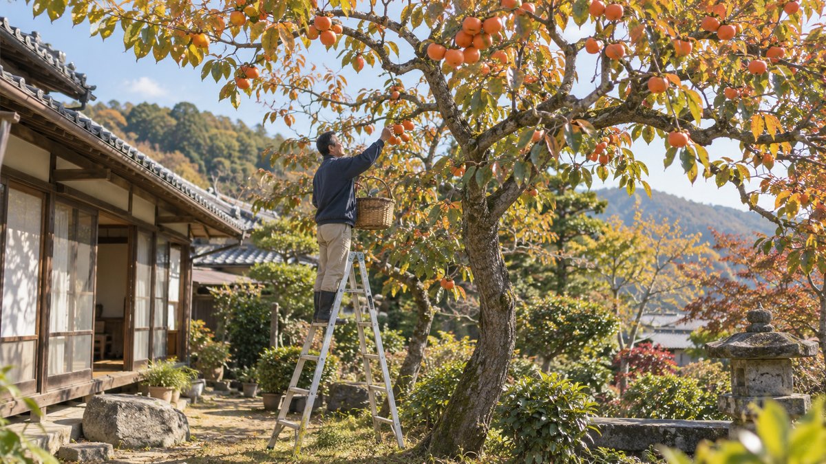 秋の昼、古い一軒家の庭の柿の木の下で、普段着の40代の男性が脚立に乗り、色づいた柿を一つずつかごに入れている。顔は小さく写る。文字は無い