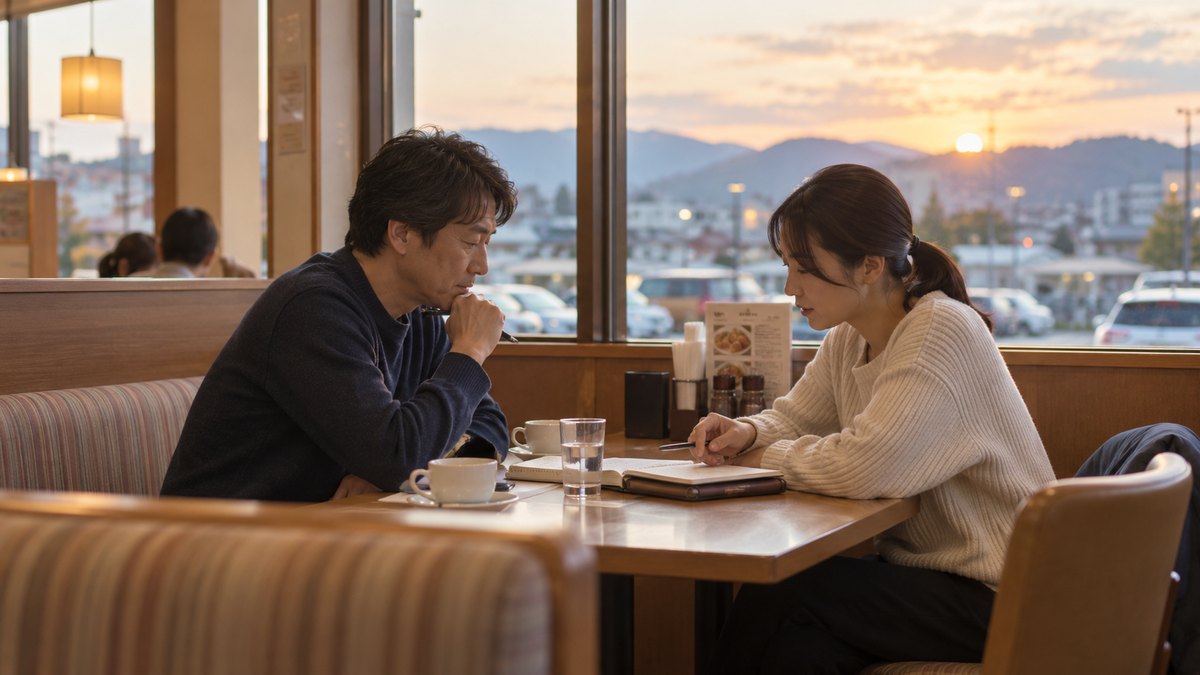 夕方、郊外のファミリーレストランの窓際の席で、普段着の40代の兄と30代の妹が向かい合い、手帳を開いて小声で相談している。顔は小さく写る。手帳やメニューの文字は読めない