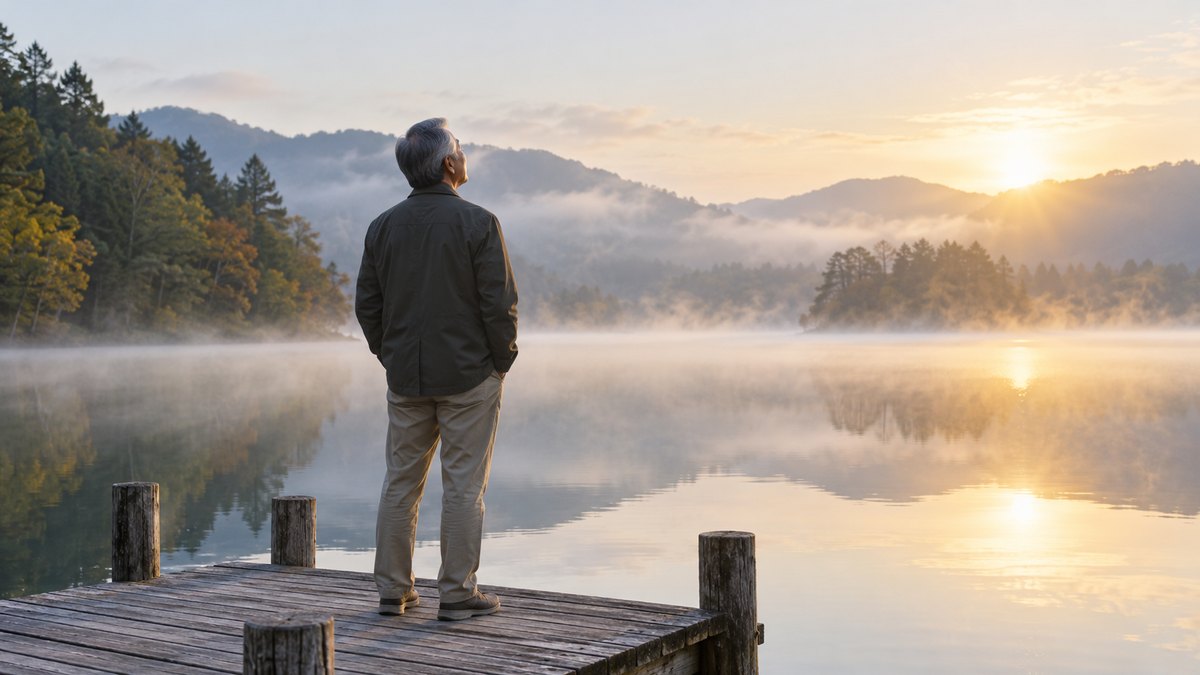 早朝、霧の残る湖のほとりの木の桟橋で、ジャケット姿の60代の男性が一人で立ち、目を閉じてゆっくり息を吸っている後ろ姿。文字は無い