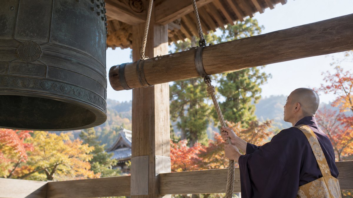 秋の朝、寺の鐘楼で、袈裟姿の僧侶が撞木の綱を両手で引き、鐘をつこうとしている手元と横顔。顔は小さく写る。文字は無い