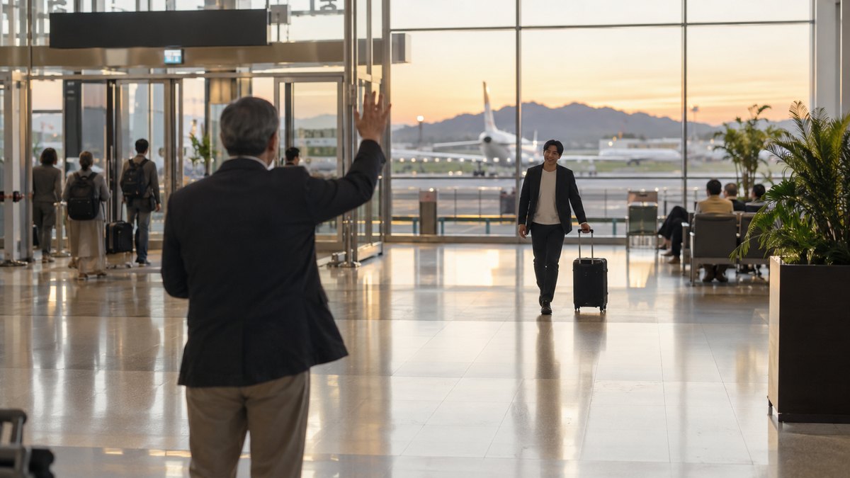 夕方、地方空港の到着ロビーで、旅行かばんを引いた30代の男性を、60代の父親が片手を上げて迎えている。顔は小さく写る。案内表示の文字は読めない