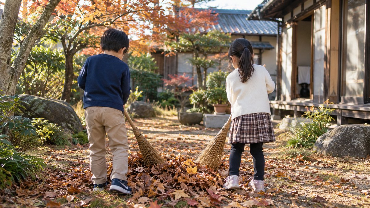 秋の昼、古い一軒家の庭で、小学生の男の子と女の子が竹ぼうきで落ち葉を掃き集めている後ろ姿。顔は写らない。文字は無い