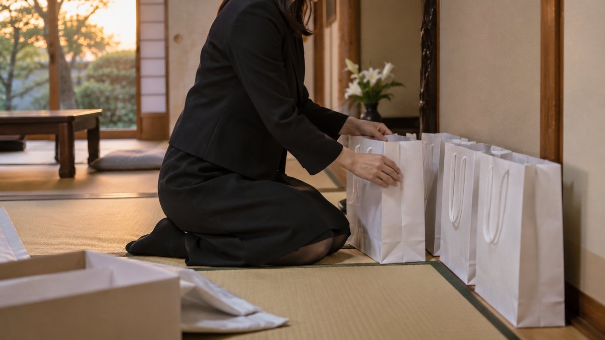 夕方、片付けの始まった和室の隅で、喪服の30代の女性が膝をつき、残った白い紙袋を数えながら壁ぎわに一列にそろえている手元。顔は写らない。紙袋の文字は無い