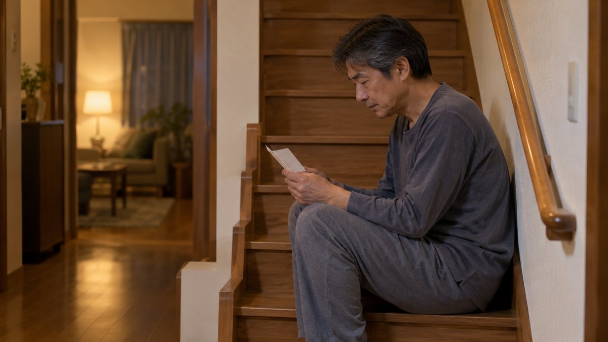 夜、一軒家の木の階段の途中に、部屋着の50代の男性が一人で腰かけ、二つ折りの紙を両手で持って小声で読んでいる横顔。紙の文字は読めない