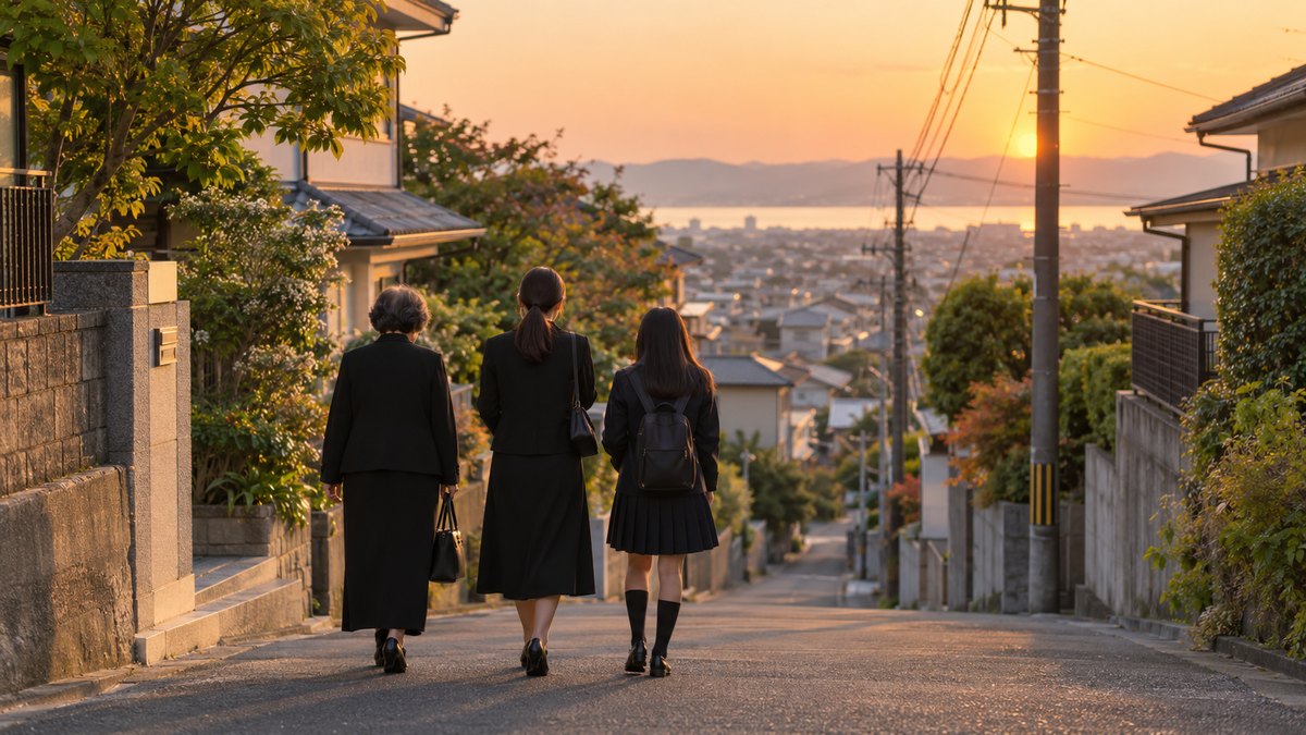 夕方、住宅街のゆるやかな坂道を、喪服の60代の母と30代の娘と10代の孫の3人が、夕焼けの中をゆっくり下っていく後ろ姿。電柱や表札の文字は読めない