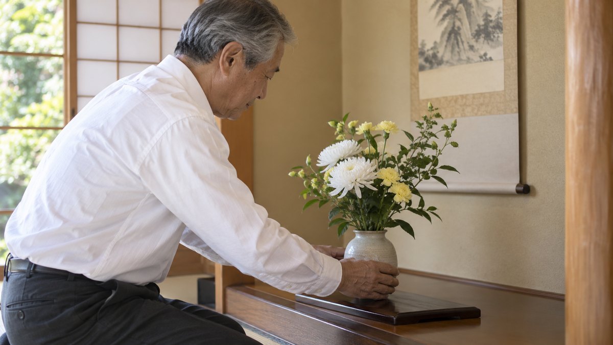朝、和室の床の間で、白いシャツの60代の男性が、白い菊と淡い黄色の花を生けた花瓶をそっと置いている手元。掛け軸の文字は読めない。仏壇・遺影は無い