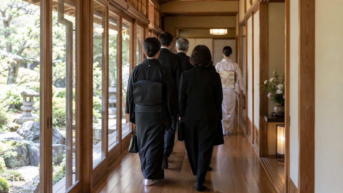 昼、料理旅館の長い板張りの廊下を、着物の仲居が先に立ち、喪服の親族数人を奥の部屋へ案内していく後ろ姿。顔は写らない。文字は無い
