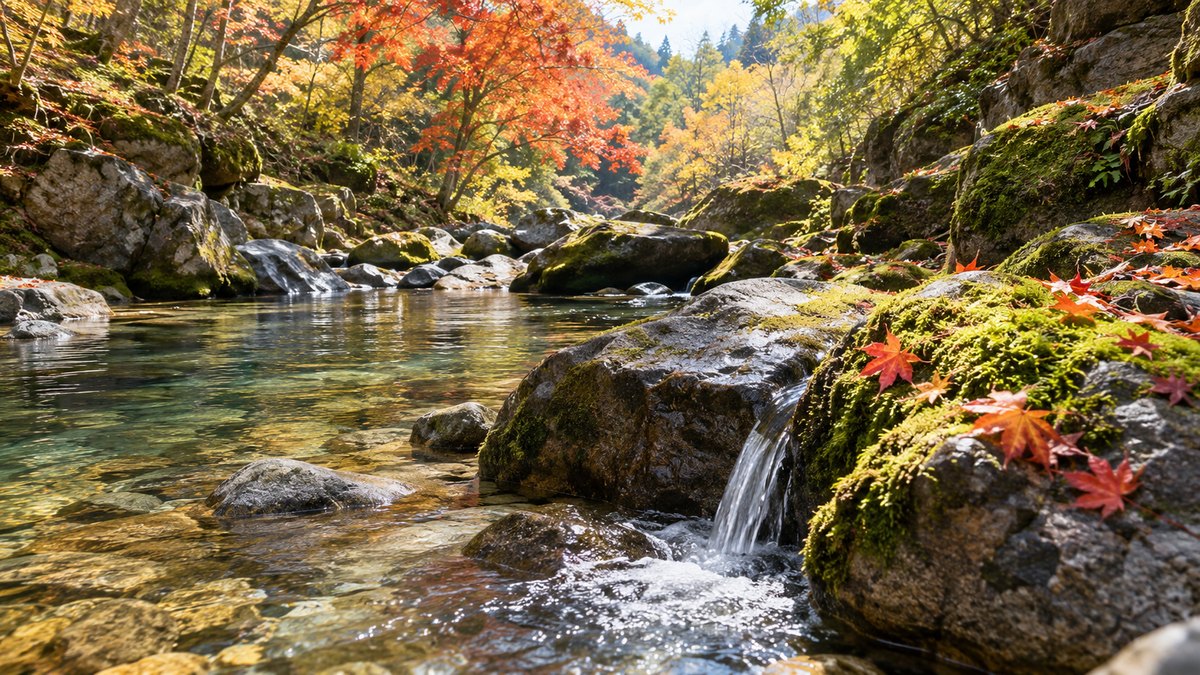 秋の昼、山あいの渓流で、苔むした岩に色づいたもみじの葉が数枚引っかかり、澄んだ水が静かに流れている。人は写らない。文字は無い