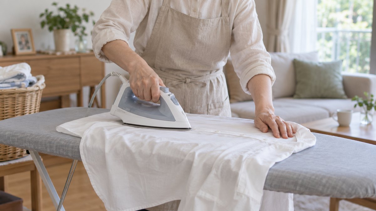 曇りの朝、自宅の居間のアイロン台で、50代の女性が白いブラウスにアイロンをかけている手元。顔は写らない。文字は無い