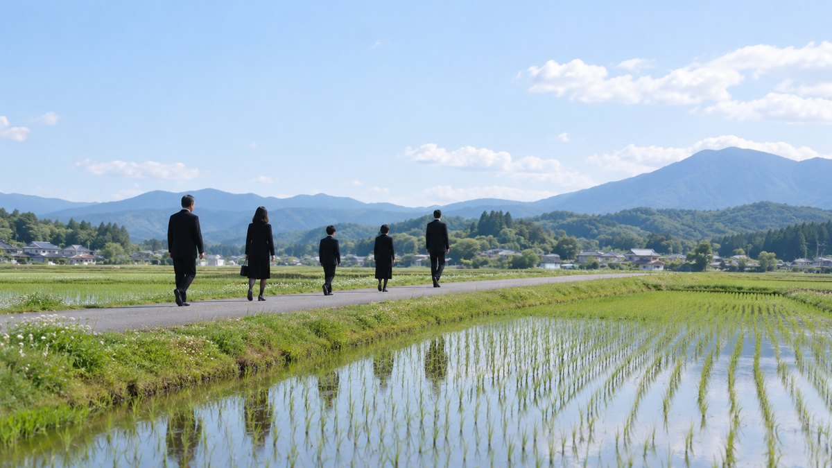初夏の昼、田んぼの間のまっすぐな農道を、喪服の家族5人が間をあけて並んで歩いていく遠景。人物は小さく写る。文字は無い