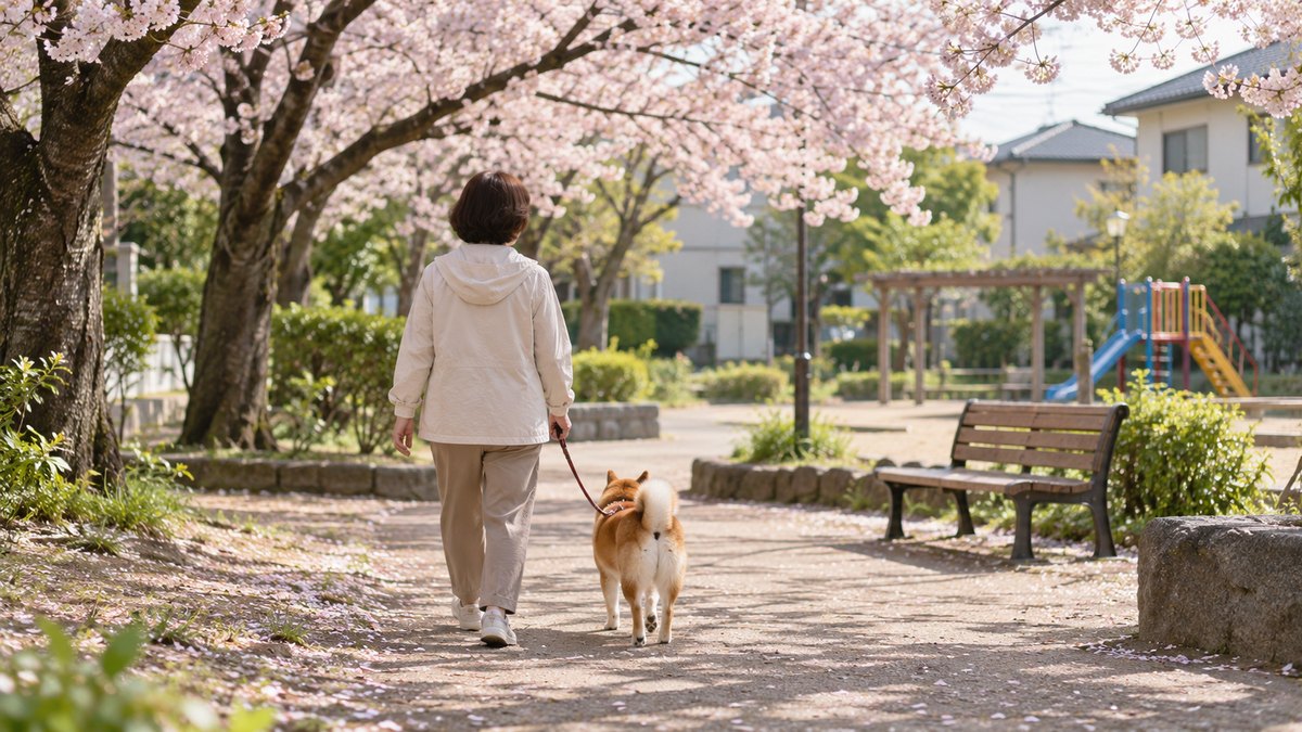 春の朝、住宅街の小さな公園の桜の木の下を、普段着の60代の女性が柴犬を連れてゆっくり歩いている後ろ姿。文字は無い