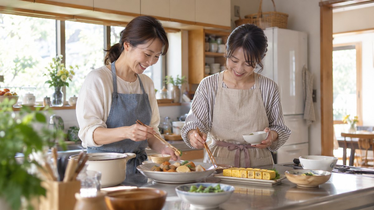 昼、実家の明るい台所で、エプロン姿の40代の姉妹が並んで立ち、大皿に煮物と卵焼きを盛り付けながら笑い合っている。顔は小さく写る。文字は無い