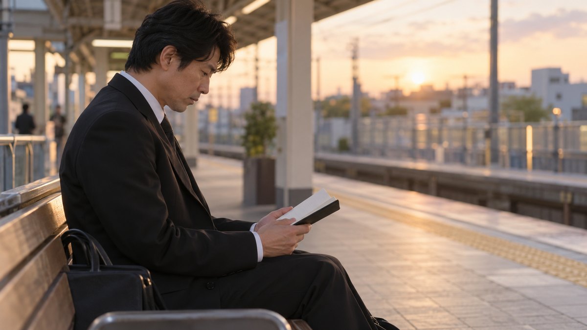 夕方、乗り換え駅のホームのベンチで、喪服の40代の男性が手帳ほどの大きさのメモを開き、声に出さずに見つめている横顔。電車は写らない。駅名や案内表示の文字は読めない