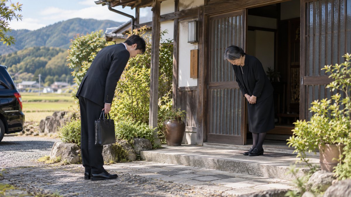 昼、田舎の古い一軒家の玄関先で、遠くから来た喪服の30代の男性と、出迎えた70代の女性が向き合い、互いに深く頭を下げている。顔は小さく写る。表札の文字は読めない