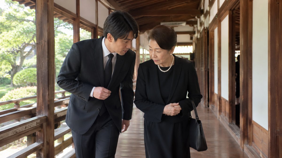 昼、法要を終えた寺の板張りの長い廊下で、喪服の30代の男性が、隣を歩く年配の女性に身をかがめて小声で何かを確かめている。庭木の緑が窓越しに見える。僧侶・祭壇・遺影は写らない。文字は無い