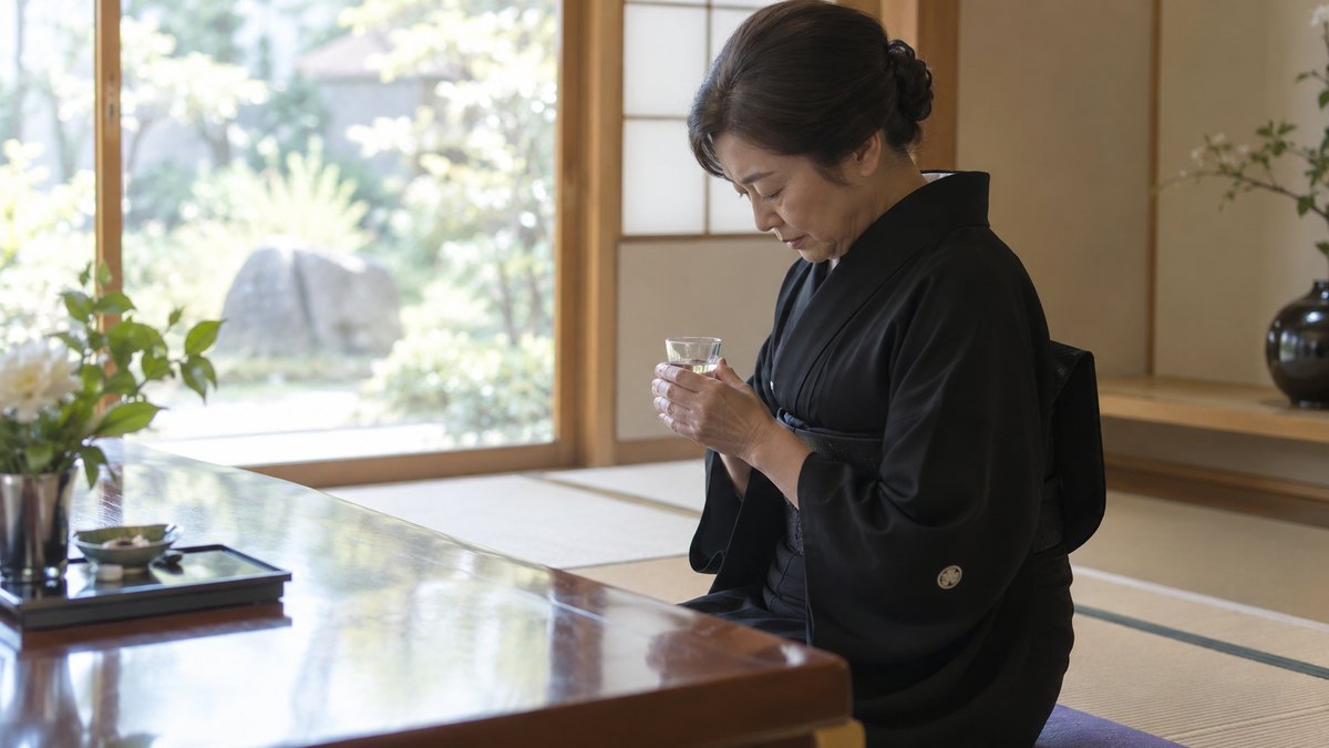 昼、和室の座卓の前で、喪服の60代の女性が正座したまま、小さなグラスを両手で胸の前に持ち、目を伏せている手元と横顔。周りの人は写らない。文字は無い